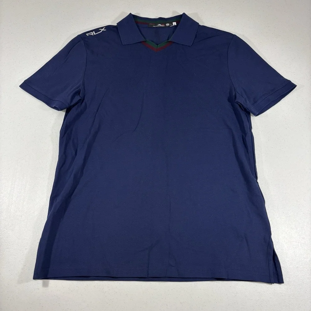 RLX Ralph Lauren Men's Striped V-Neck Pro Fit Polo Shirt Navy Blue Sz L Knit